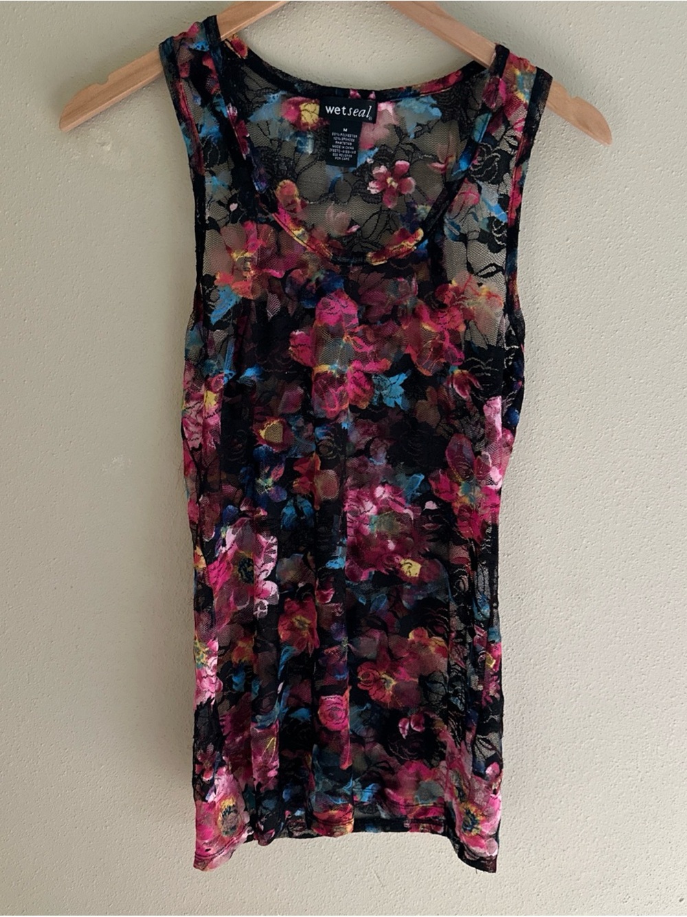 Wet Seal Floral Mesh Tank Mini‎ Sheer Lace Cover Top Festival Y2K 00s Size M